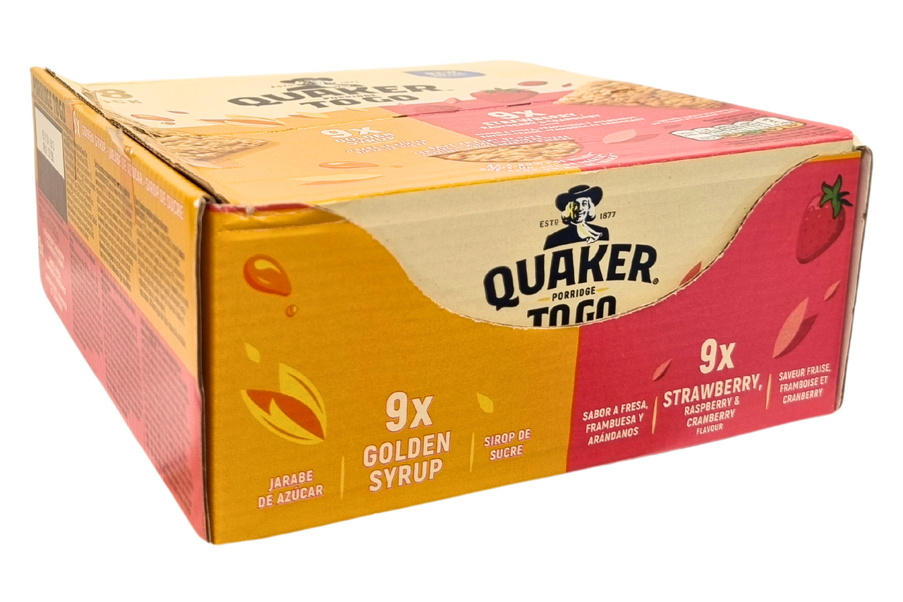 Quaker Oats Porridge To Go Bar Golden Syrup & Straw/Rasp/Cranberry 18 x 55g - Out of Date