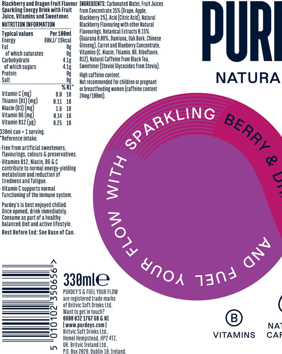 Purdeys Berry & Dragon fruit Energy Drink 12 x 330ml - Short Dated
