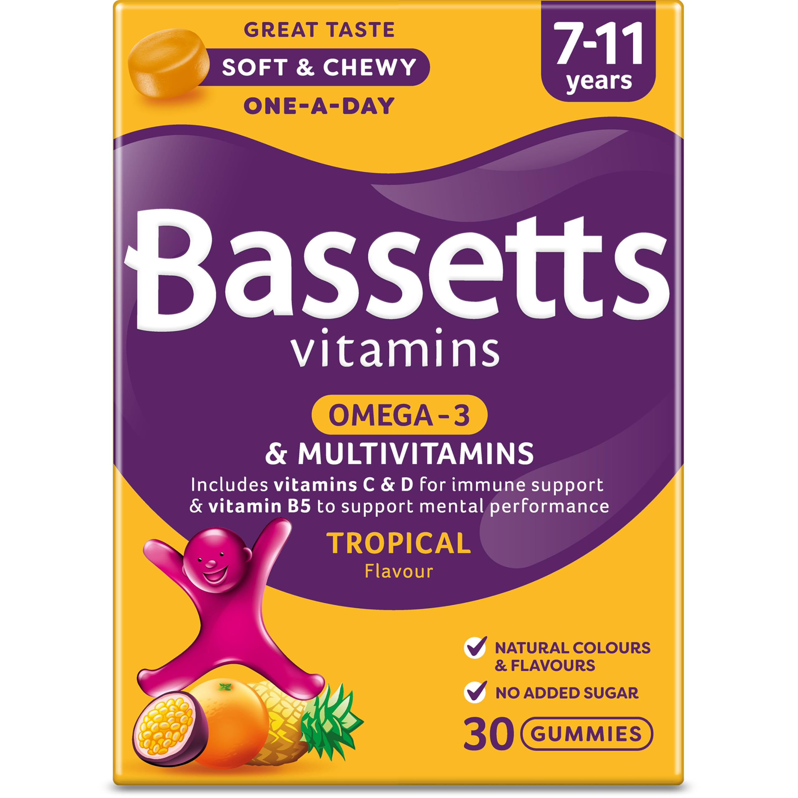 Bassetts Omega 3 & Multivitamins 7-11 Years Tropical 30 Gummies - Out of Date