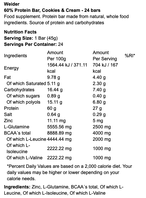 Weider 60% Protein Bar 24 x 45g