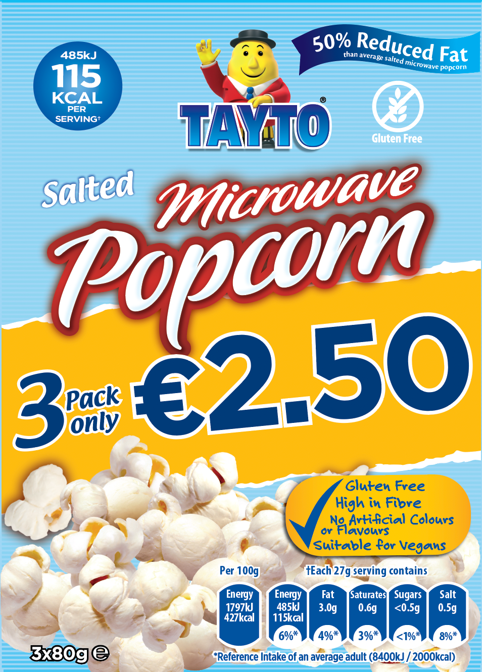 Tayto 50% Reduced Fat Salted Microwave Popcorn 3 x 80g - Out of Date
