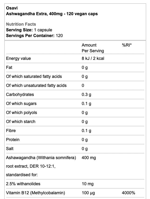 Osavi Ashwagandha Extra 400mg 120 Vegan Caps