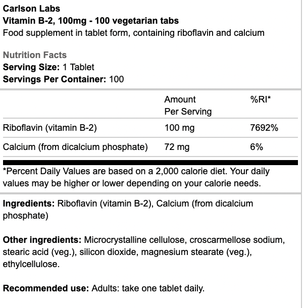 Carlson Labs Vitamin B-2 100mg 100 Vegetarian Tabs