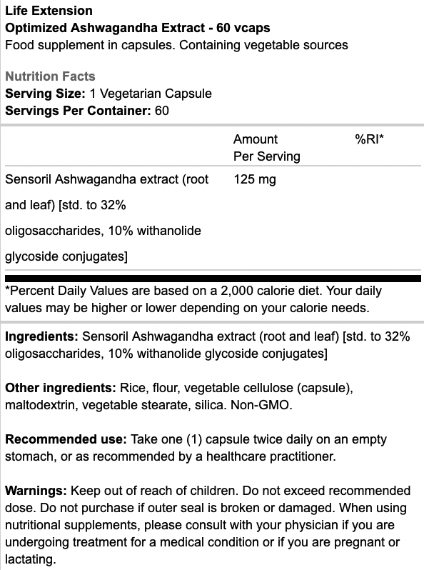 Life Extension Optimized Ashwagandha Extract 60 Caps